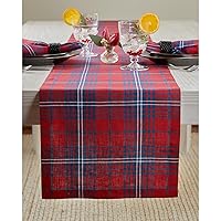 Solino Home Christmas Plaid Linen Table Runner 14 x 90 Inch – 100% Pure Linen Red and Navy Tartan Plaid Runner – Farmhouse Table Runner