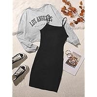 ROSHD Women's Plus Size Clothing Sets Fall Clothin Plus Letter Graphic Cami Dress with Pullover Autumn/Winter Clothing (Color : Multicolor, Size : 3X-Large)