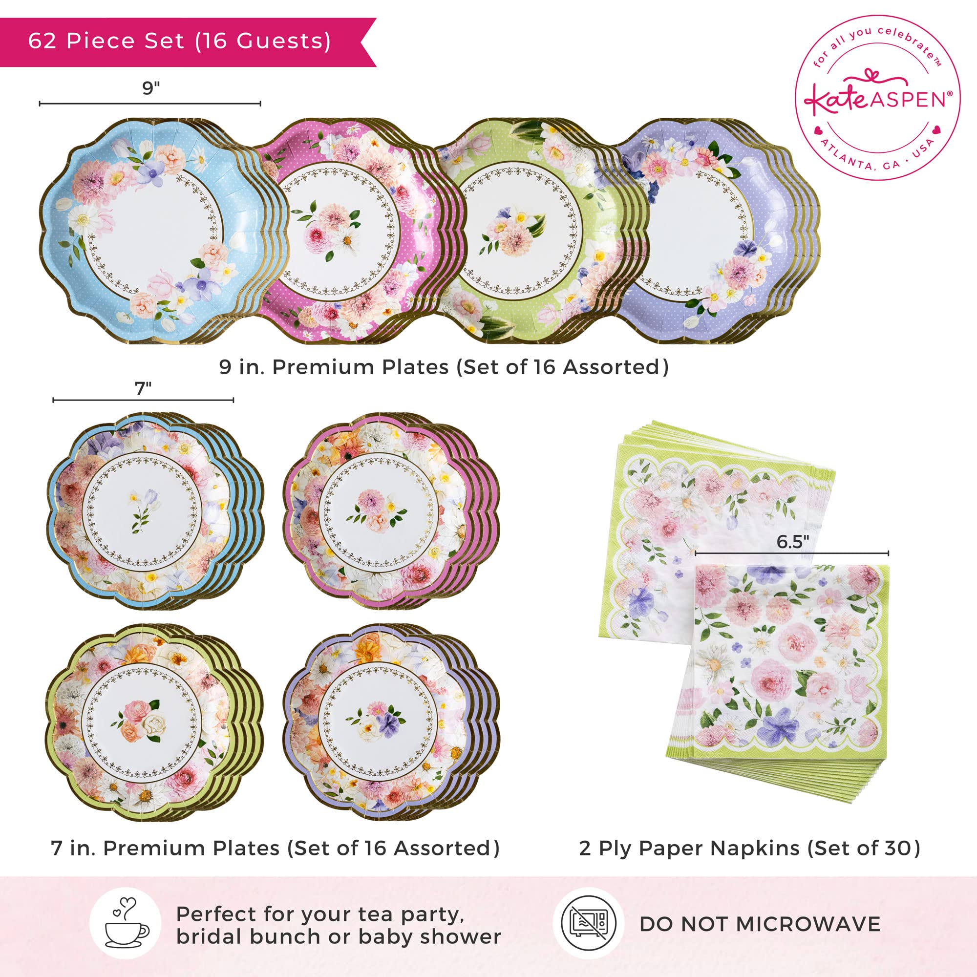Tea Party Decorations Tableware Set by Kate Aspen (62 Pc, 16 Guests), Colorful Pastel Party Supplies for Bridal Showers, Baby Shower, Garden Party, Birthdays