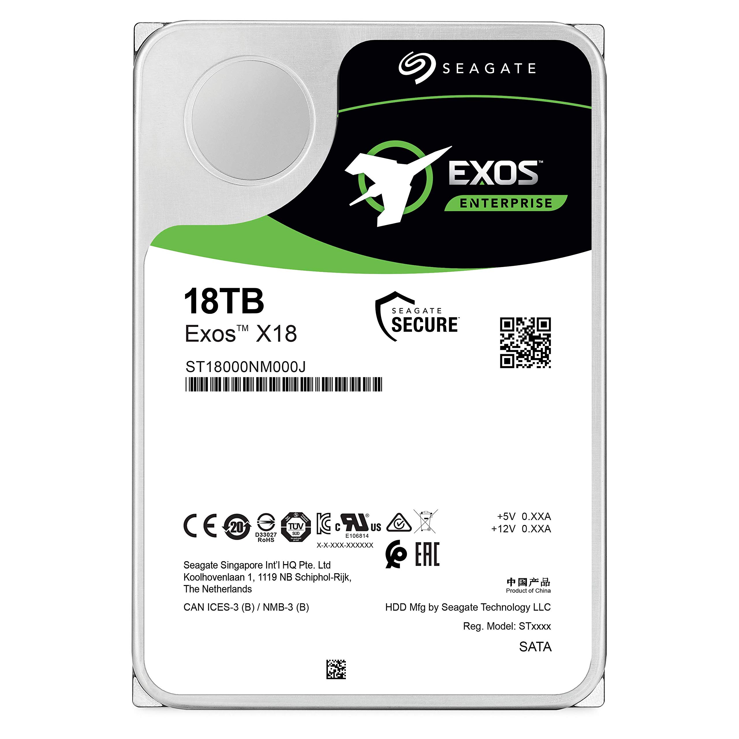 Seagate Exos X18 18TB Enterprise HDD - CMR 3.5 Inch Hyperscale SATA 6Gb/s, 7200 RPM, 512e and 4Kn FastFormat, Low Latency with Enhanced Caching (ST18000NM000J)