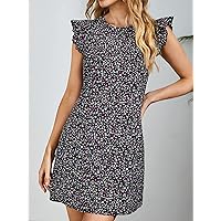 Fall Dresses for Women 2023 Ditsy Floral Flutter Sleeve Keyhole Back Tunic Dress Dresses for Women (Color : Multicolor, Size : Large)
