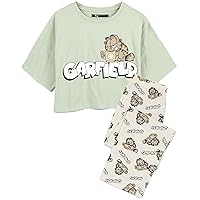 Garfield Womens Pyjamas | Adults Ladies Lazy Tabby Cat Green T-Shirt With Cream Long Bottoms Pjs | Movie Merchandise