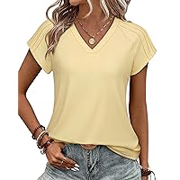 Womens Summer Tops Pleated Short Sleeve Blouses for Women Casual V Neck T Shirts Loose Fit Tunic Tshirts Tee