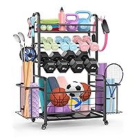 Dumbbell Rack, 44” Sports Equipment Garage Organization and Storage Yoga Mat Holder for Home Gym Weight Rack for Dumbells and Kettlebells Ball Storage Rack With Hooks and Lockable Wheels