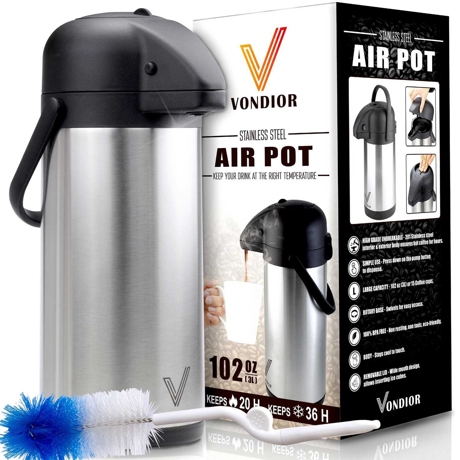 Airpot Coffee Dispenser with Pump - Insulated Stainless Steel Coffee Carafe (102 oz) - Thermal Beverage Dispenser - Thermos Urn for Hot/Cold Water, Party Chocolate Drinks