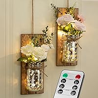 Mingfuxin Mason Jar Wall Sconces, Hanging Farmhouse Wall Decorations with Remote Control LED Light, Rustic Home Indoor Decor Artificial Flowers for Bedroom Living Room Set of 2 (NO Battery)
