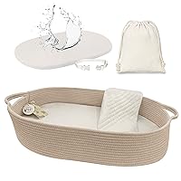 meloom Baby Changing Basket with Pads and Safety Belt- 100% Cotton Boho Baby Moses Basket Changing Table and Thick Pad with Waterproof Mattress Cover, Nursery Decor in Taupe Color with Storage Bag
