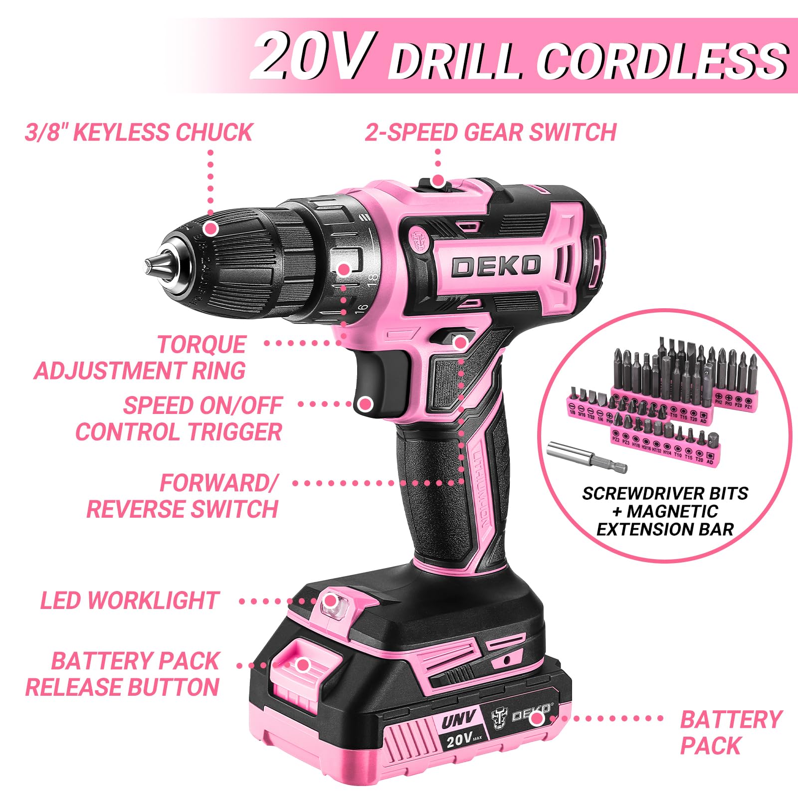 Pink Drill Tool Kit Set: 20V Cordless Power Drill Tool Box with Battery Electric Drill Driver for Men Home Hand Repair Basic Toolbox Tools Sets Drills Case