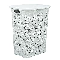 Laundry Hamper Basket With Lid, Plastic Hamper White Smoke Tall Cloths Hamper Basket Organizer with Cut-out Handles- Space Saving for Laundry Room, Bedroom, Bathroom-Lace Design, 50 Liter