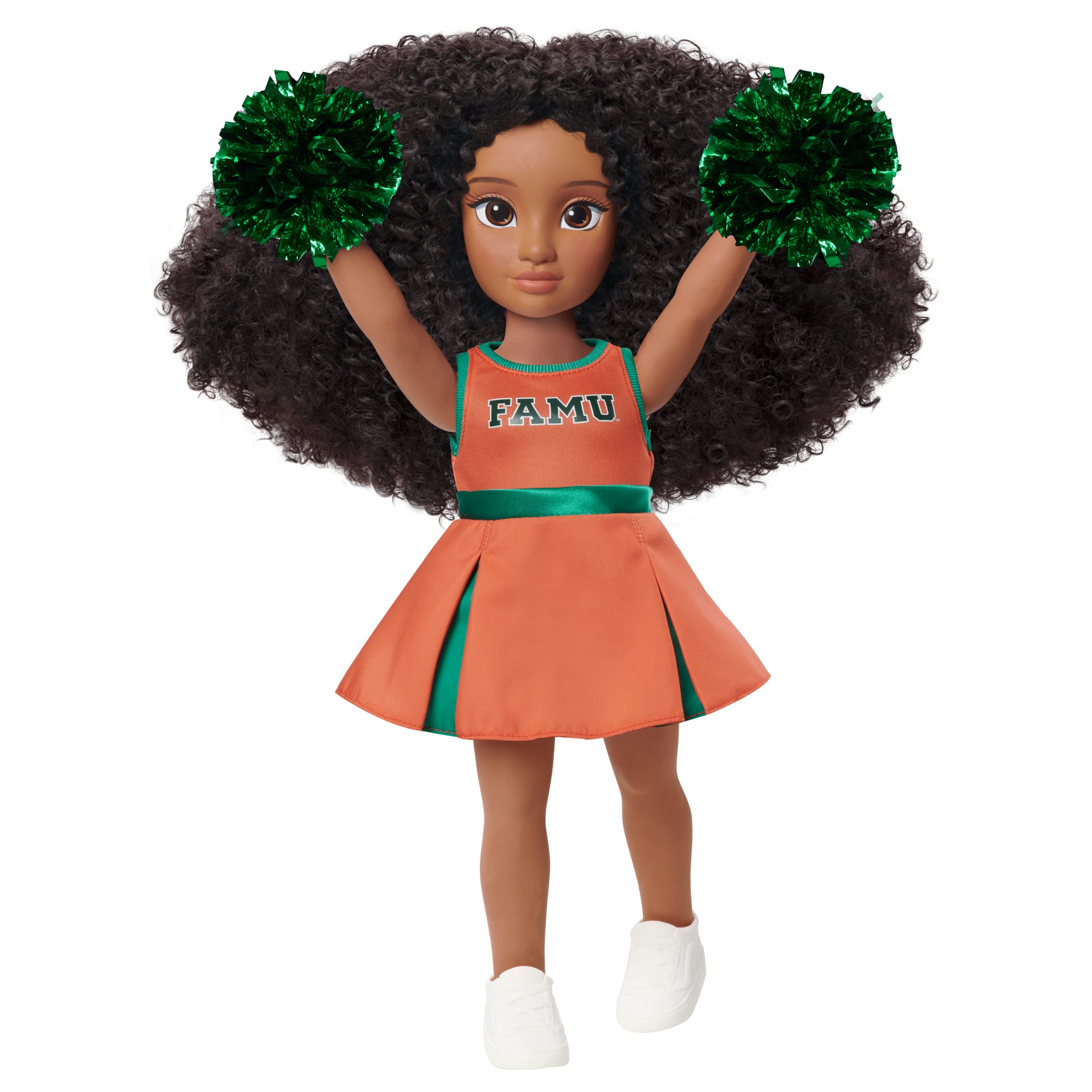 Purpose Toys HBCyoU FAMU Cheer Captain Alyssa 18-inch Doll & Accessories, Curly Hair, Medium Brown Skin Tone, Designed and Developed