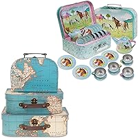 Jewelkeeper Paperboard Suitcases, Set of 3 – Nesting Storage Gift Boxes for Birthday 15 Piece Kids Pretend Toy Tin Tea Set & Carrying Case - Horse Design