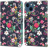 CoverON Pouch Compitable with iPhone 14 Wallet Case for Women, RFID Blocking Flip Folio Stand Vegan Leather Floral Cover Sleeve Card Slot for Apple iPhone 14 6.1 Phone Case - Flower
