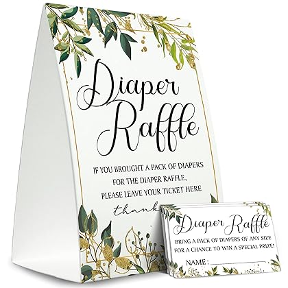 Tesedupoole Diaper Raffle Sign,Diaper Raffle Baby Shower Game Kit (1 Standing Sign + 50 Guessing Cards),Greenery Raffle Insert Ticket,Baby Showers Decorations-N01