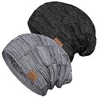 2 Pack Slouchy Beanie Winter Hats for Men and Women, Thick Warm Oversized Knit Cap, A-Black + Grey