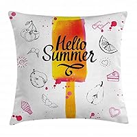 Ambesonne Ice Cream Throw Pillow Cushion Cover, Hello Summer Words with Lime Heart Sun Cake Color Splashes Image, Decorative Square Accent Pillow Case, 20