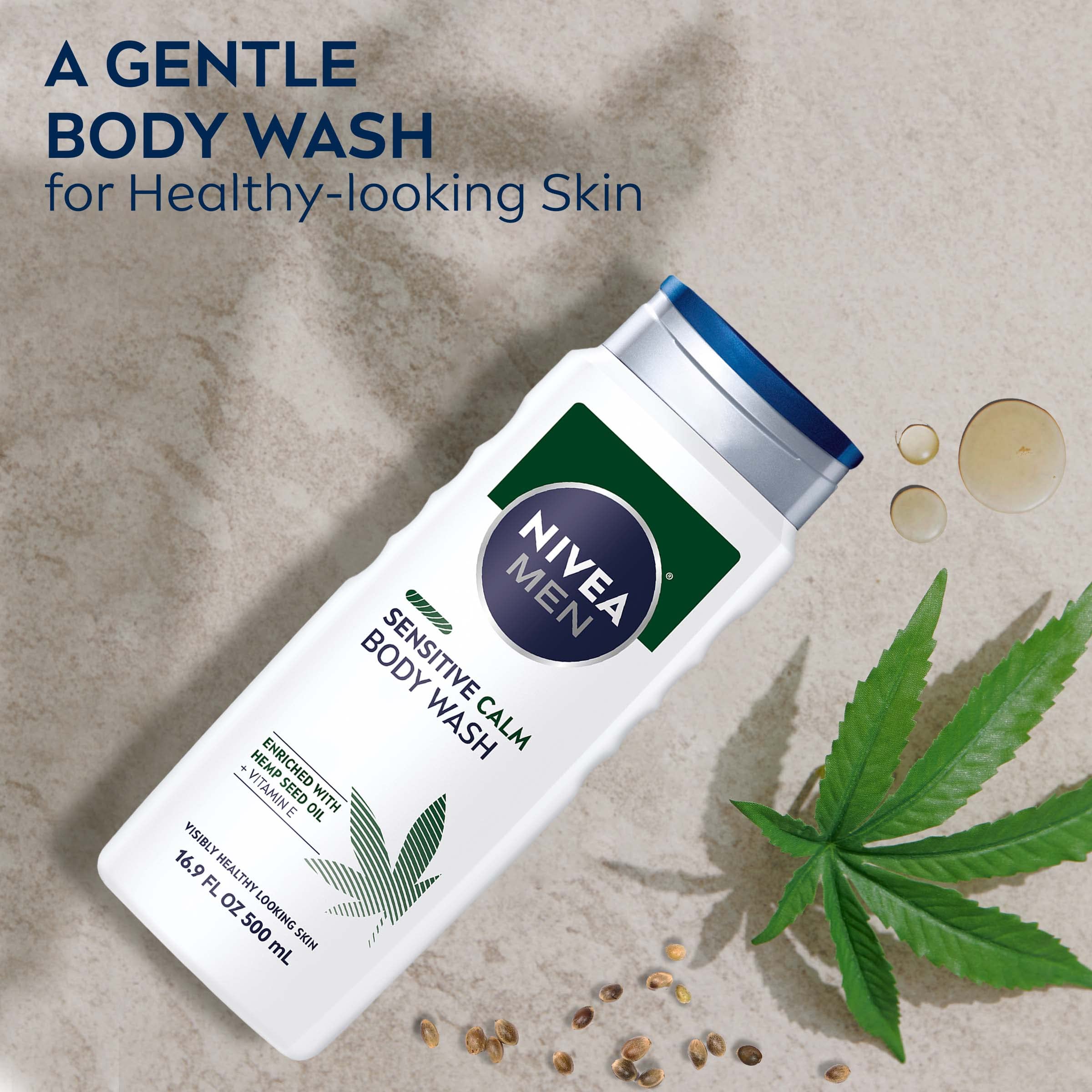 Nivea Men Sensitive Calm Body Wash with Vitamin E and Hemp Seed Oil, 3 Pack of 16.9 Fl Oz Bottles