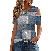 Off Shoulder Tops for Women Asymmetrical Button Down Short Sleeve Casual Blouse Summer Trendy Print T Shirts