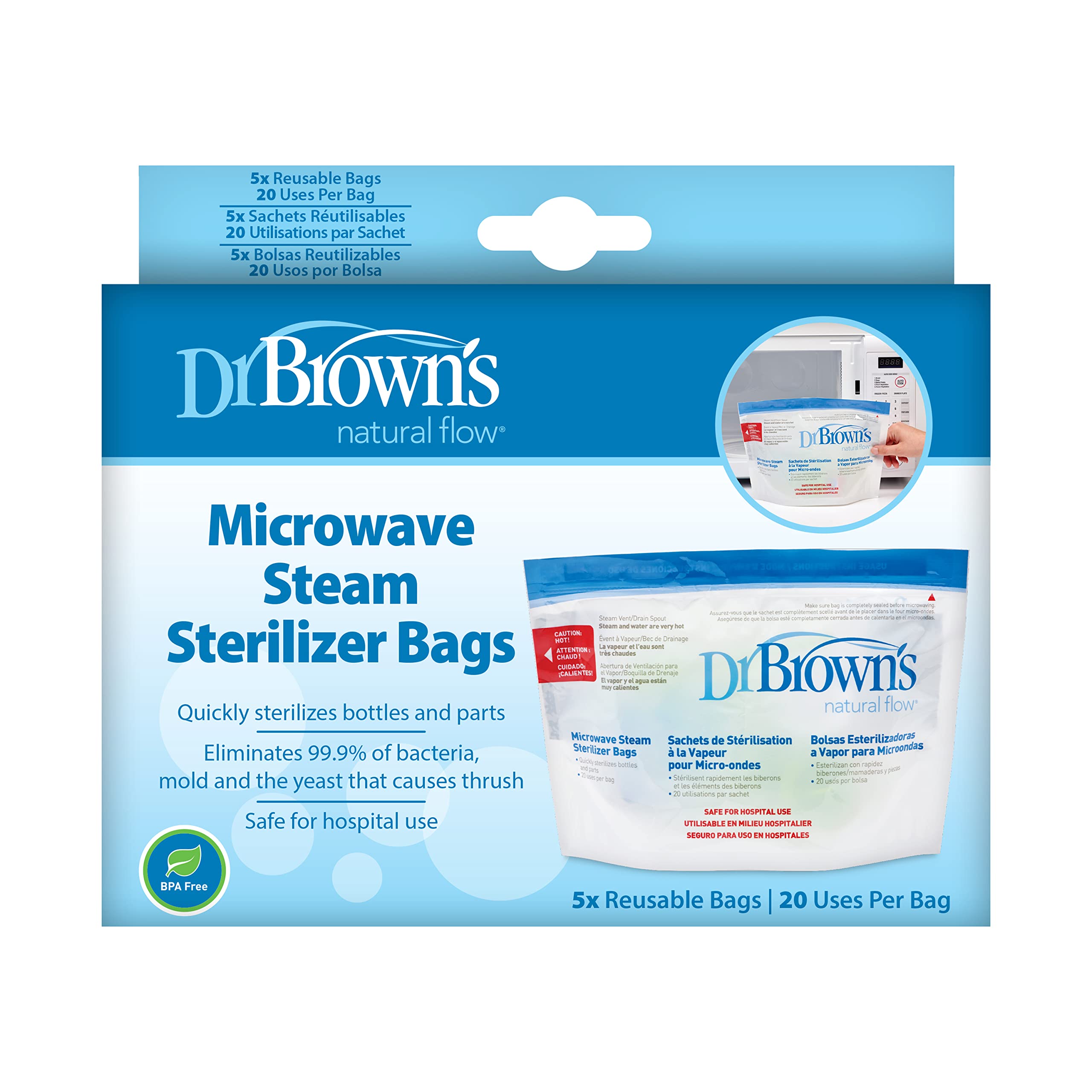 Dr. Brown's Microwave Steam Sterilizer Bags for Baby Bottles, Nipples, Bottle Parts, Pacifiers, Teethers and Breast Pump Parts - 5-Pack