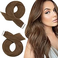Moresoo Brown Tape in Extensions Human Hair Tape in Hair Extensions Light Brown Hair Extensions Tape in Real Human Hair PU Seamless Hair Extensions Glue in Human Hair 16 Inch #8 20pcs 50g