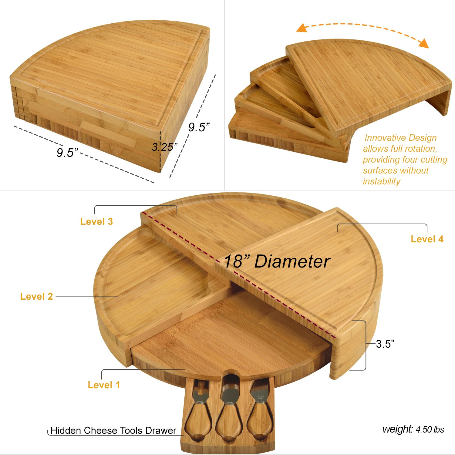 Picnic at Ascot Patented Bamboo Cheese/Charcuterie Board with Knife Set-Stores as a Compact Wedge-Opens to 18