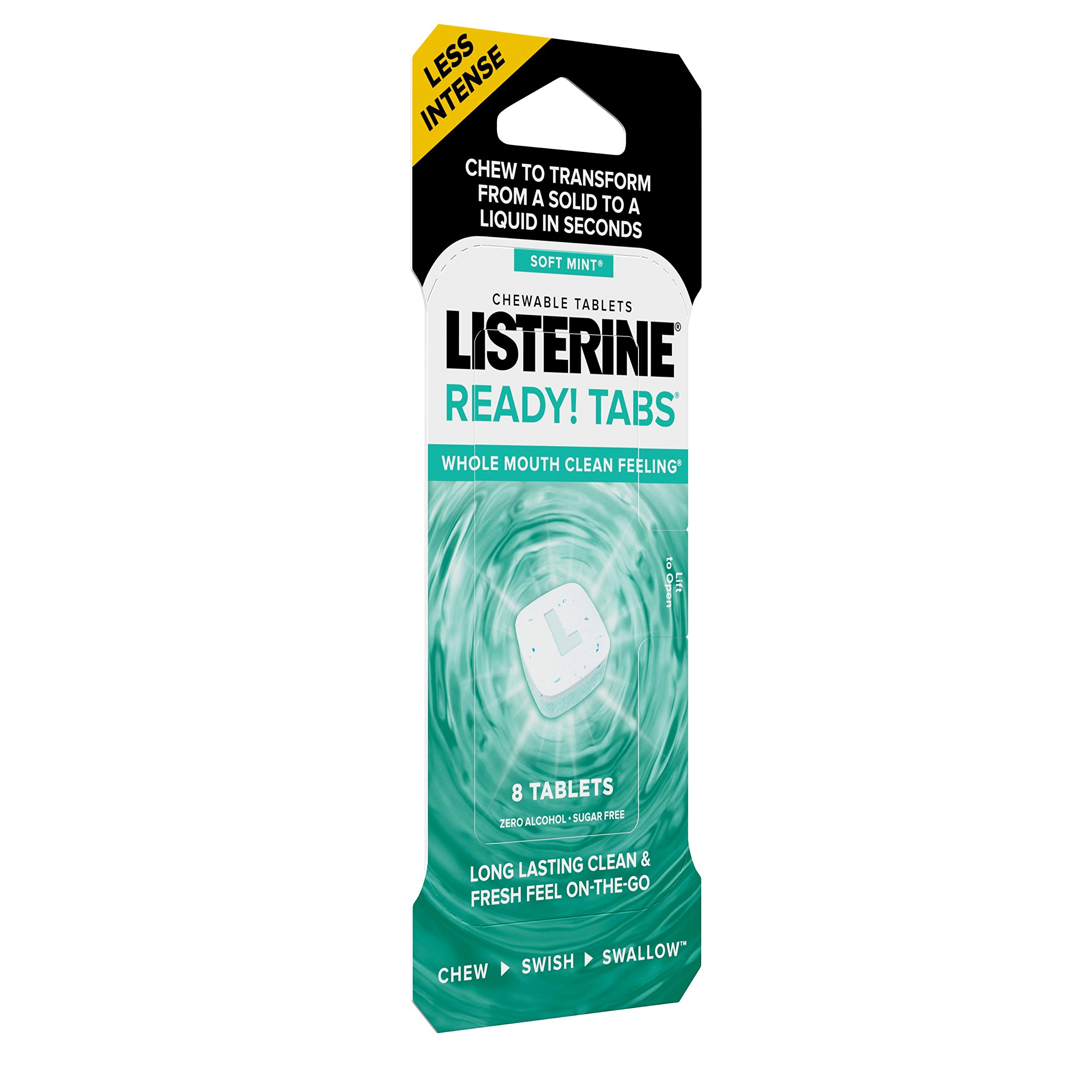 Listerine Ready! Tabs Chewable Tablets with Soft Mint Flavor, Revolutionary 4-Hour Fresh Breath Tablets to Help Fight Bad Breath On-the-Go, Sugar-Free, Alcohol-Free & Gluten-Free, 8 ct