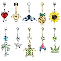 JeryWe 10Pcs 14G Dangle Belly Button Rings for Women Surgical Steel Cute Navel Rings Bee Pineapple Sunflower Turtle Butterfly Colorful Barbell CZ Body Piercing Jewelry Gift, cubic zirconia