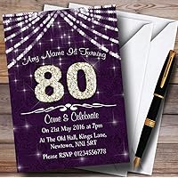 80Th Purple & White Bling Sparkle Birthday Party Personalized Invitations