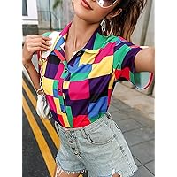 Womens Summer Tops Patchwork Print Button Front Blouse (Color : Multicolor, Size : Large)
