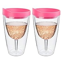Southern Homewares Pink Lid Wine Tumbler, 16oz, 2 Pack Insulated Double Wall Acrylic w/See Through Cup