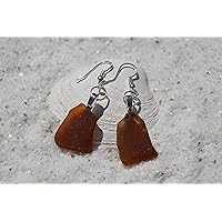 Cocoa Brown Sea Glass Dangling Sterling Silver Earrings