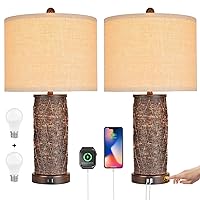 AKASUKI 24 Inch Touch Controls Boho Table Lamps for Bedroom Bedside with Bottom Night Light, Brown Rattan Table Lamps for Living Room Set of 2 with USB Type C Port (Included LED Bulbs)