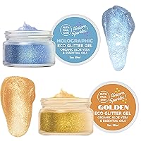 Body Glitter Gels - Eco Body Shimmer & Makeup for Face, Hair. Moisturizing Aloe Vera Base & Essential Oils. Non-Sticky & Long Lasting. Holographic Blue & Gold Unicorn Sparkles. Ruth Paul Skin 2oz