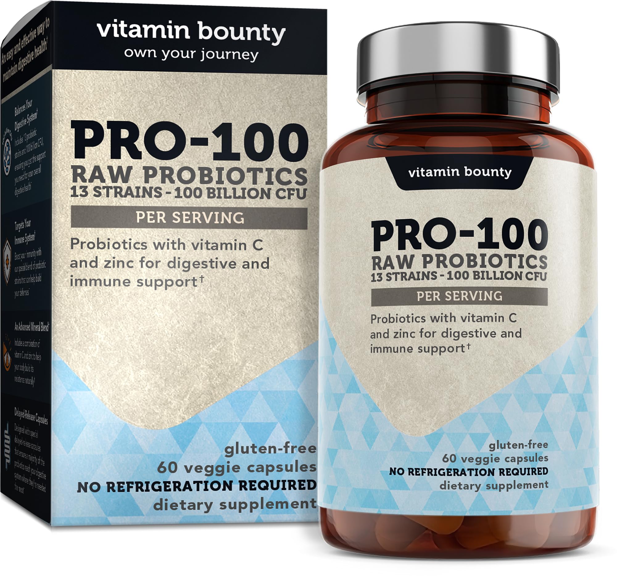 Vitamin Bounty Pro-100 Probiotics - 13 Probiotic Strains, Gut Health, Digestive Health, Probiotic for Women and Men, Delayed Release Embocaps - 60 Capsules