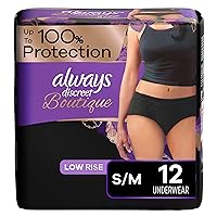 Always Discreet Boutique Low-Rise Postpartum Incontinence Underwear Size S/M Maximum Absorbency, Up to 100% Leak Protection, Black, 12 Count (Pack of 1)