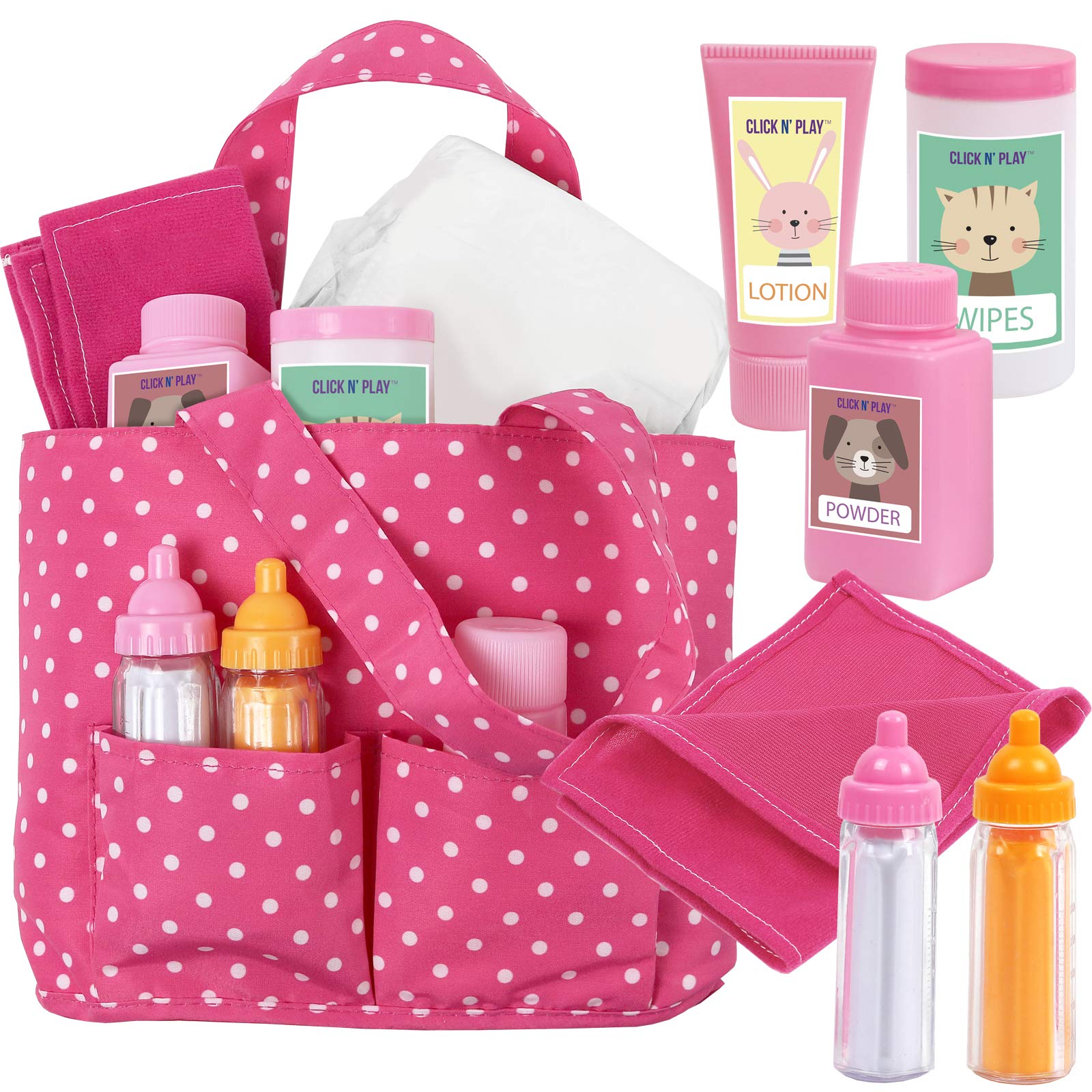 Click N' Play Baby Girl Doll Diaper Bag, Pink Soft Carrying Bag Including Cleaning, Caring, & Feeding Accessories - Bag, Baby Doll Diapers, Baby Doll Bottles for Feeding, Towel, Powder, Lotion, Wipes