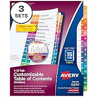 Avery 15 Tab Dividers for 3 Ring Binders, Customizable Table of Contents, Multicolor Tabs, 3 Sets (11074)