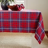 Solino Home Linen Tablecloth 60 x 144 Inch – 100% Pure European Flax Linen Red and Navy Tartan Plaid Tablecloth – Machine Washable Rectangular Tablecloth for Indoor, Outdoor