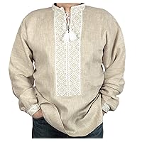 VYSHYVANKA mens Ukrainian Embroidered Shirt Handmade Gray Linen XL
