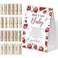 Strawberry Don't Say Baby Game for Baby Shower, Pack of One 5x7 Sign and 50 Mini Natural Clothespins, Berry Sweet Baby Shower Decoration, Gender Neutral Party Supplies - SC12