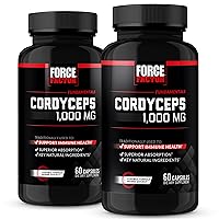 FORCE FACTOR Cordyceps Capsules, 2-Pack, 1000mg of Cordyceps Sinensis Mushroom Extract, Traditionally Used to Improve Vitality, with BioPerine for Quick Absorption, 120 Capsules