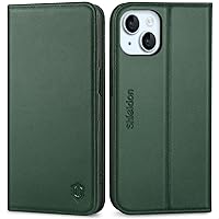 SHIELDON Wallet Case for iPhone 15 6.1-inch, Genuine Leather Folio Case with Kickstand RFID Blocking Card Slot Magnetic Shockproof Case Compatible with iPhone 15 5G 2023 - Evergreen