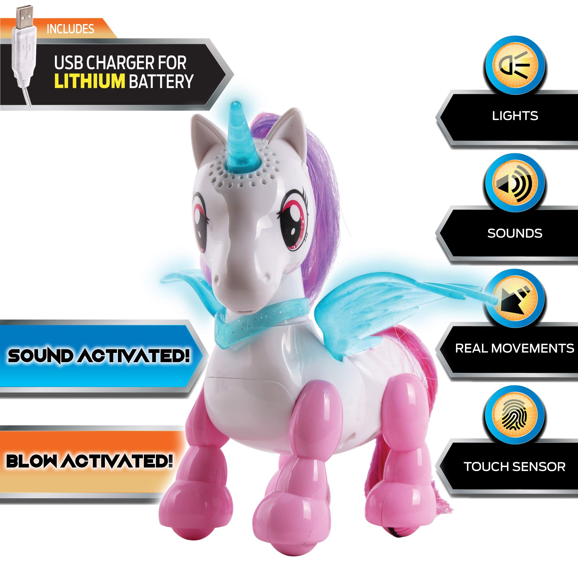 NKOK USB PetBotz - Robo Unicorn, Rechargeable, Miniature, Interactive pet Robot, Lights up, Sound Activated, Makes Noises on Command, Comes with Necklace and Hair Brush, USB Charger Included