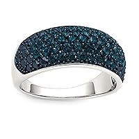 Sterling Silver 1CT TDW Blue Diamond studded Ladies Cocktail Prong Set Right Hand Fashion Anniversary Wedding Multi Row Ring Band for Women Girls(I-J, I2) Ring Size 7