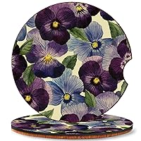 Set of 2, Car Coasters, Floral Pansy Watercolor Pattern, Absorbent Cork Base Round Car Drinks Cup Holder Coaster