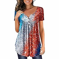 Fourth of July Shirts for Women,Women's Casual V-Neck Short Sleeve T-Shirt Independence Day Printed Button Top
