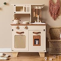 ROBUD Kids Kitchen Playset, Mocha Montessori Wooden Play Kitchen with Ice Dispenser, Pretend Toddlers Kitchen Toy with Accessories, Baby Gift for Ages 3 4 5 6 7 8