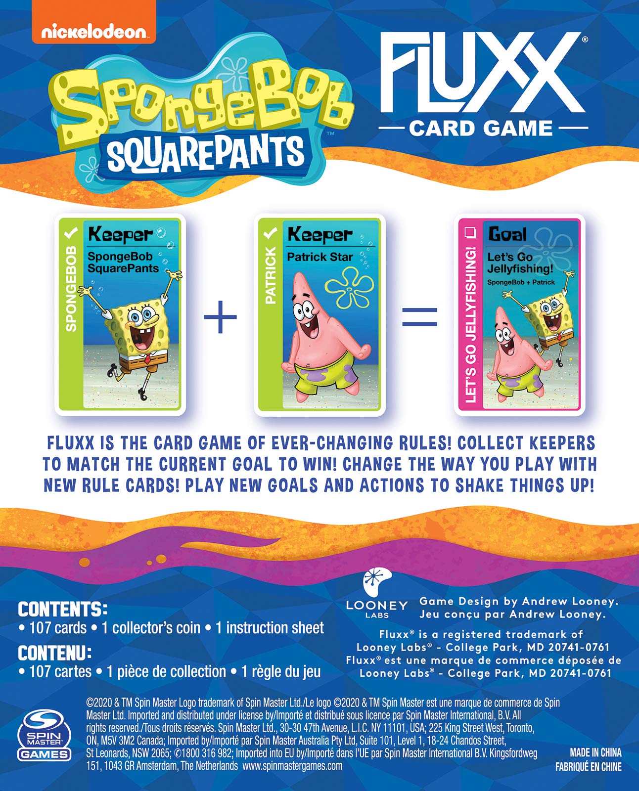 LOONEY LABS Spongebob Fluxx Game - Spongebob Card Game Card Games for Kids and Adults Fun Games Party Games Kids Games Best Card Games for Adults Games for Family Game Night 2-6 Player Games