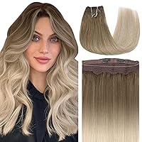 Fshine Ombre Wire Hair Extensions Light Brown Fading to Platinum Blonde and Ash Blonde 16 Inch 80g Hidden Wire Real Human Hair Extensions with Transparent Fish Line Hair Extensions for Women