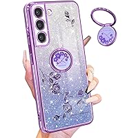 (3in1 for Samsung Galaxy S21 FE 5G Case Glitter Sparkly Women Girls Sparkle Girly Bling Shiny Phone Cover Cute Flowers Floral Design with Ring Pretty Purple Cases for Samsung S21 FE 5G 6.4''