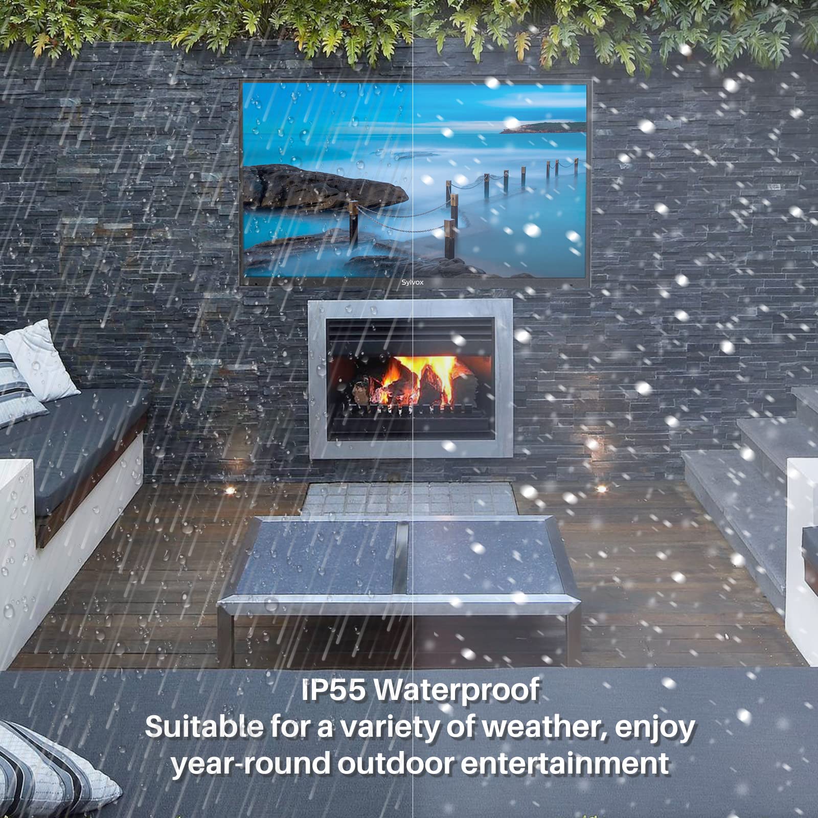 SYLVOX 55” Outdoor TV with 60W Waterproof Soundbar & Wall Mount, 4K Weatherproof TV, IP55 Waterproof TV & IP65 Bluetooth Speaker, 1000nits Brightness for Partial Sun Areas